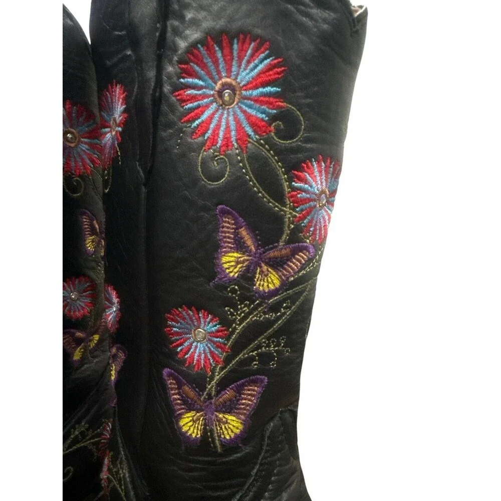 Cowboy Pro Black Leather Western Boots Floral Butterfly Embroidered Handmade 6.5